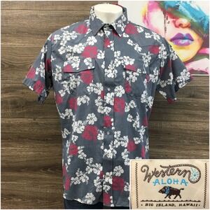 Western Aloha Mens XXL Pearl Snap Shirt Floral Hibiscus Grey Short Sleeve Texas